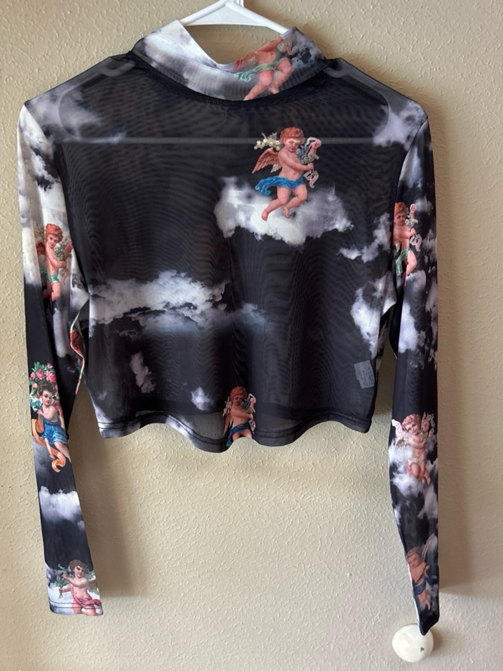 Sheer Black Angel Print Long-Sleeve Crop Top Size L